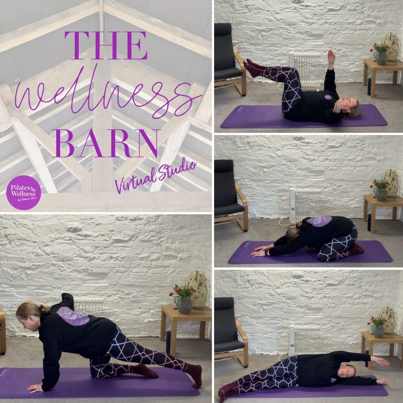 Rebecca is demonstrating different pilates exercises in her virtual pilates studio, The Wellness Barn.