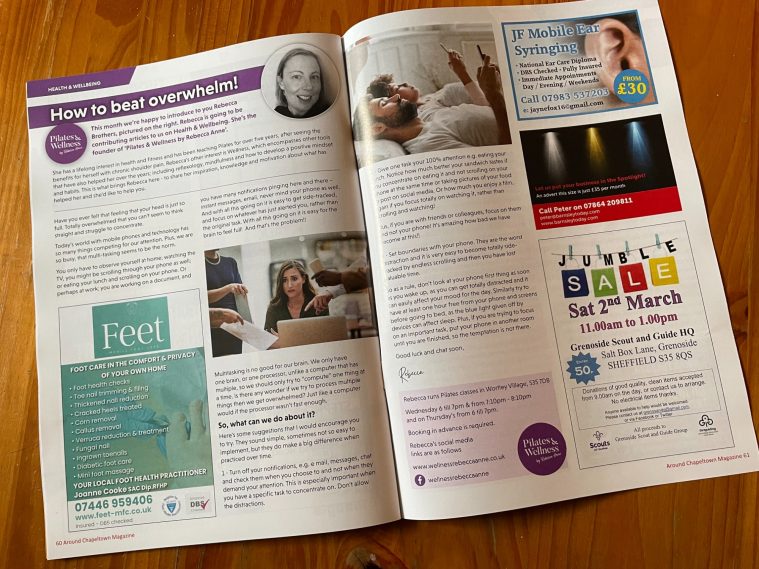 An open page of a local magazine in Chapeltown featuring a wellness blog by Rebecca from Pilates & Wellness by Rebecca Anne.